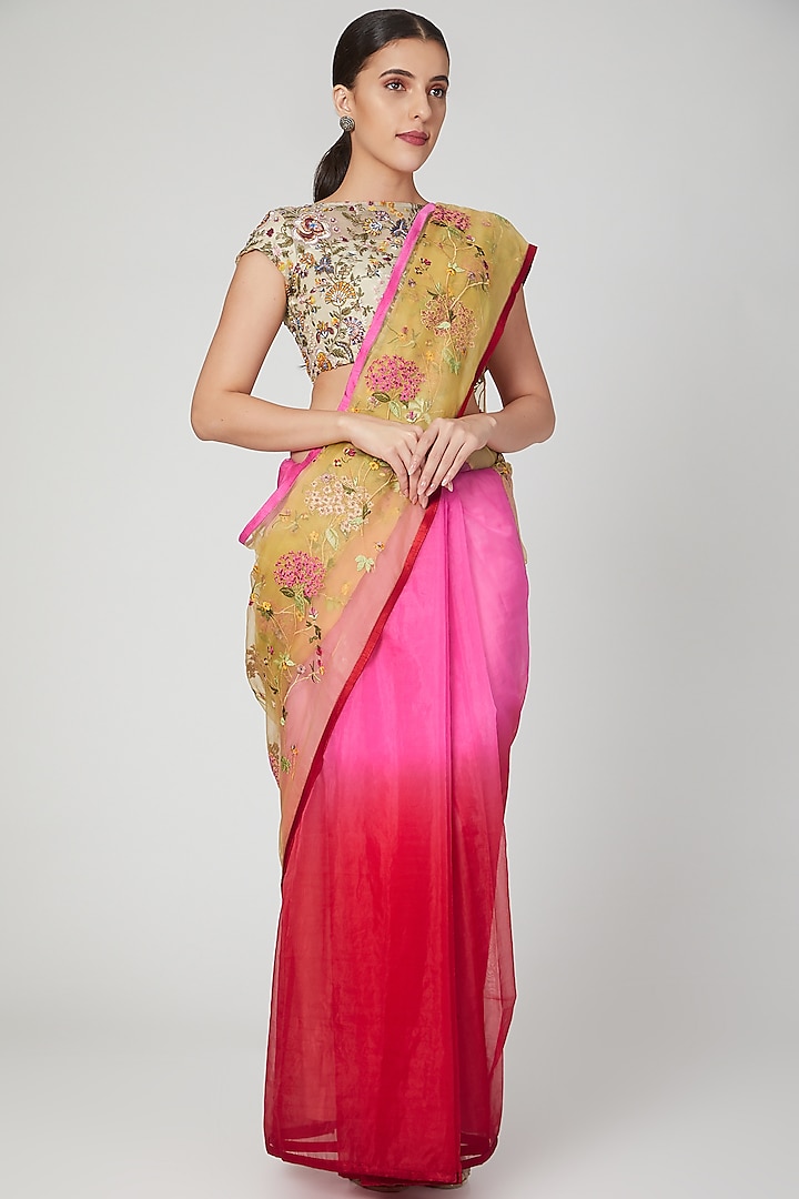 Pink Half & Half Embroidered Saree by Pranay Baidya