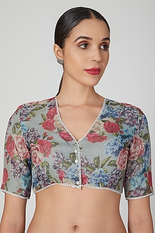 Grey Floral Printed Blouse by Pranay Baidya