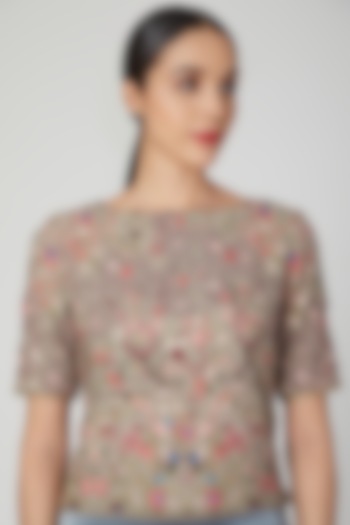 Brown Floral Embroidered Blouse by Pranay Baidya
