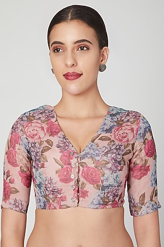 Pink Floral Printed Blouse by Pranay Baidya
