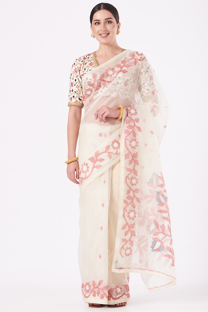 White & Pink Floral Blouse by Pranay Baidya