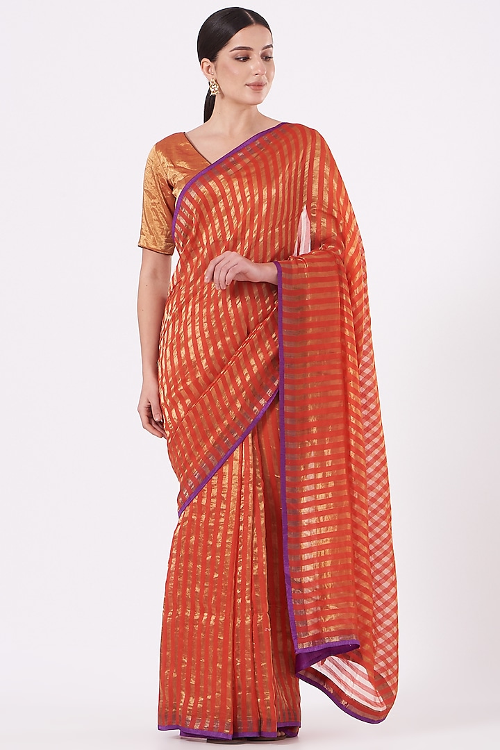 Red & Gold Striped Saree With Purple Edging by Pranay Baidya