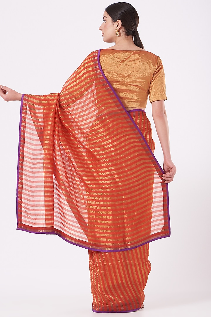 Red & Gold Striped Party Wear Saree With Purple Edging by Pranay Baidya at Pernia's Pop Up Shop