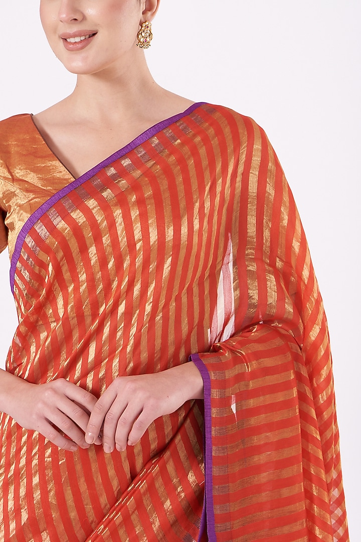 Red & Gold Striped Party Wear Saree With Purple Edging by Pranay Baidya at Pernia's Pop Up Shop