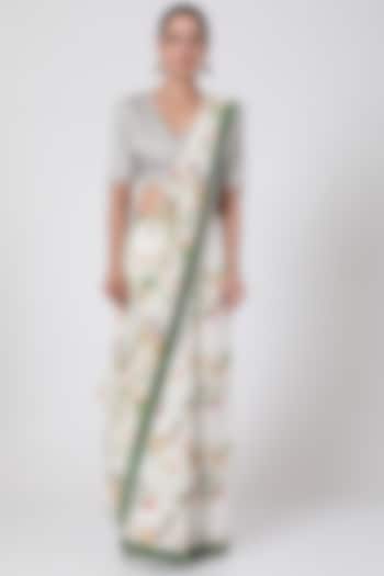 White & Green Printed Saree by Pranay Baidya