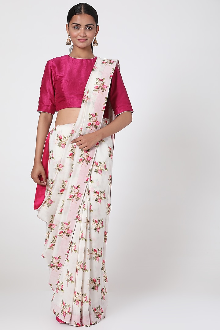 White & Pink Printed Saree by Pranay Baidya