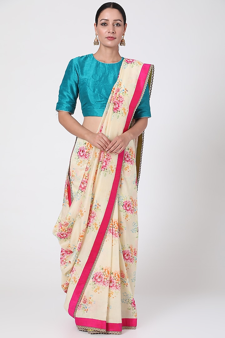 Ivory Floral Printed Saree by Pranay Baidya at Pernia's Pop Up Shop