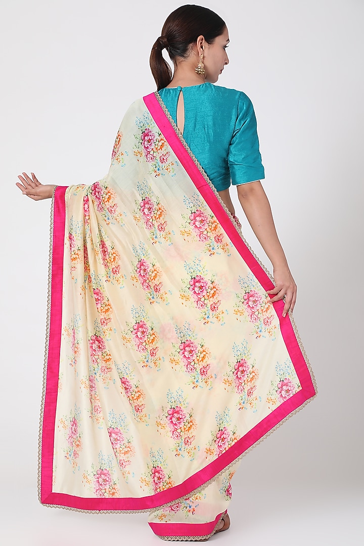 Ivory Floral Printed Party Wear Saree by Pranay Baidya at Pernia's Pop Up Shop