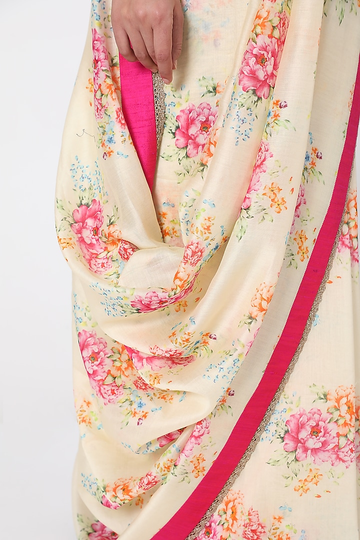 Ivory Floral Printed Party Wear Saree by Pranay Baidya at Pernia's Pop Up Shop