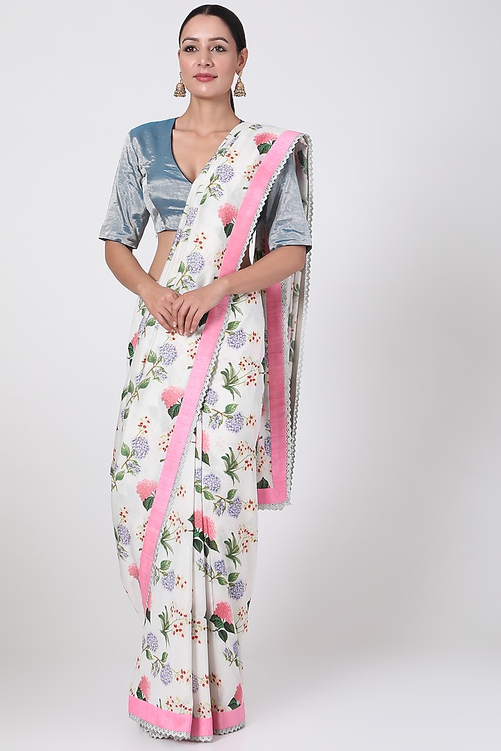 White Chanderi Printed Saree by Pranay Baidya