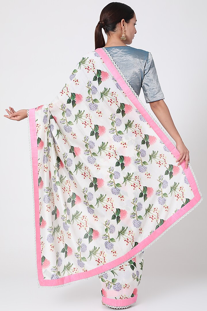 White Chanderi Printed Party Wear Saree by Pranay Baidya at Pernia's Pop Up Shop