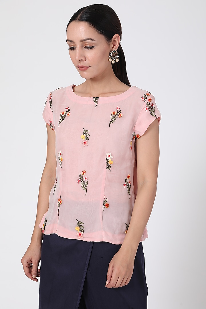 Pink Floral Embroidered Organza Top by Pranay Baidya