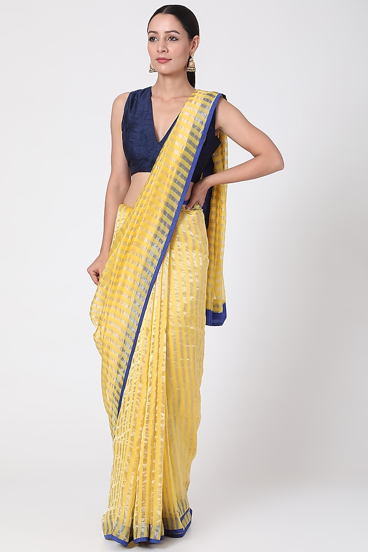 Yellow Silver Striped Saree by Pranay Baidya