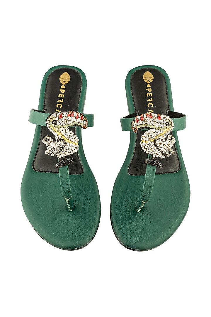 Green Embellished Flats by Perca at Pernia's Pop Up Shop