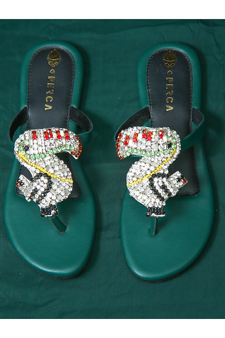 Green Embellished Flats by Perca at Pernia's Pop Up Shop