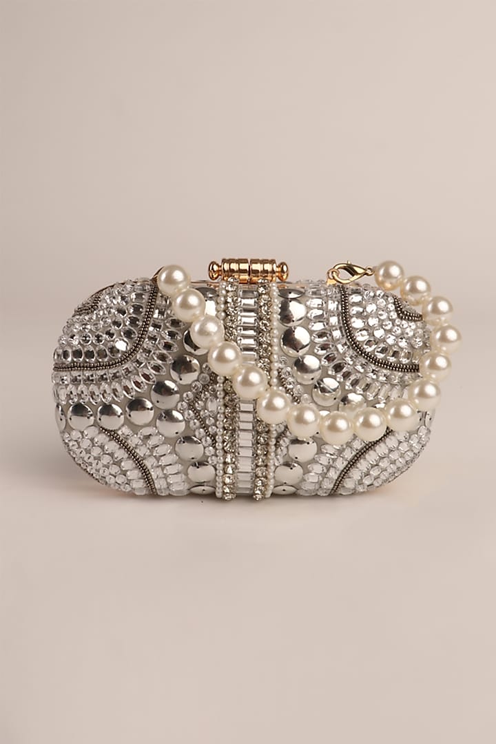 Silver Japanese Satin Embellished Clutch by Puro Cosa