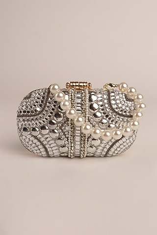 Silver Japanese Satin Embellished Clutch by Puro Cosa