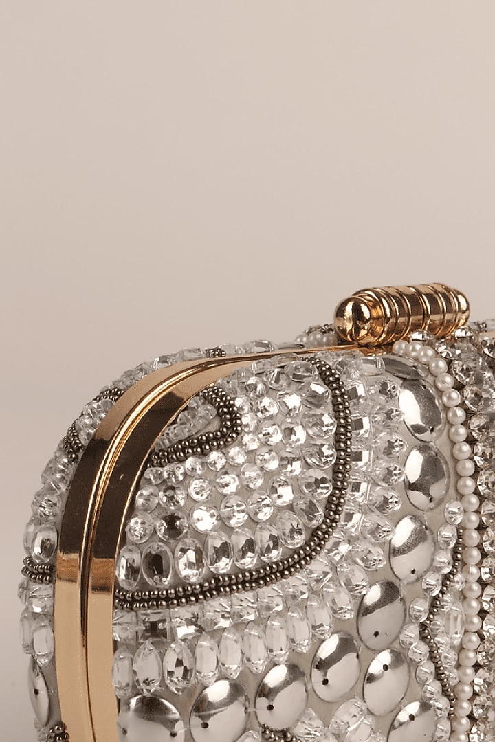Silver Japanese Satin Embellished Clutch by Puro Cosa at Pernia's Pop Up Shop