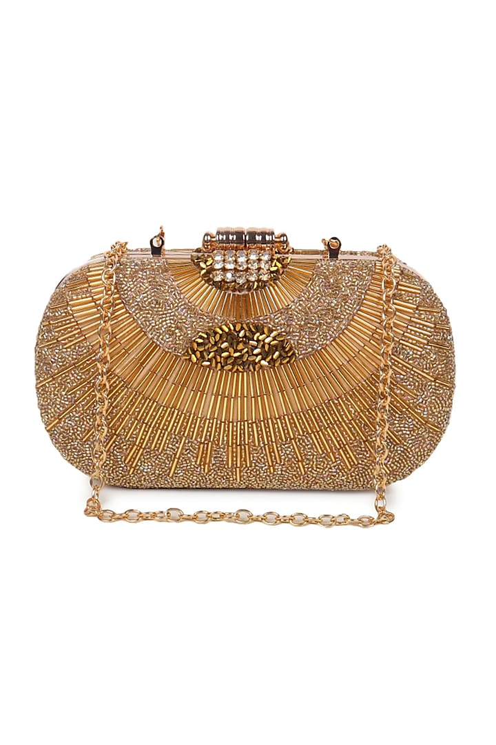 Gold Japanese Satin Embellished Clutch by Puro Cosa