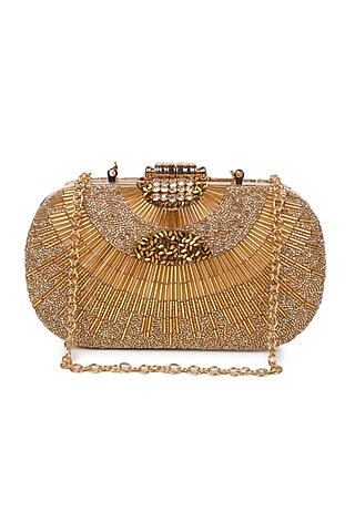 Gold Japanese Satin Embellished Clutch by Puro Cosa