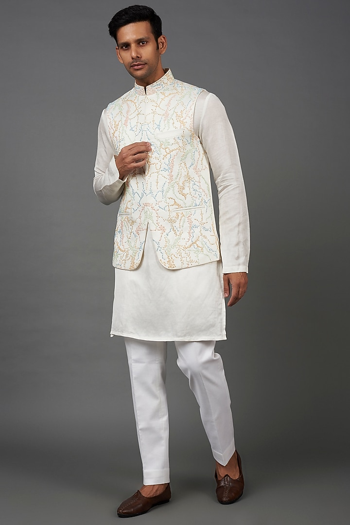 Ivory Satin Hand Embroidered Bundi Jacket by Prima Czar at Pernia's Pop Up Shop