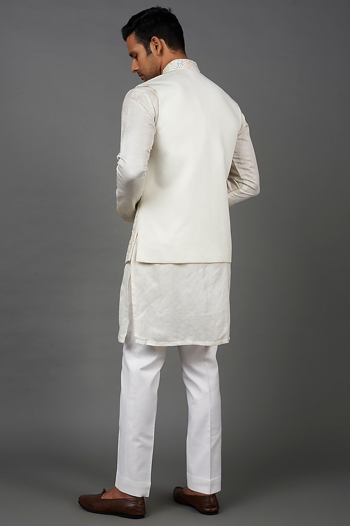 Ivory Satin Hand Embroidered Bundi Jacket by Prima Czar at Pernia's Pop Up Shop