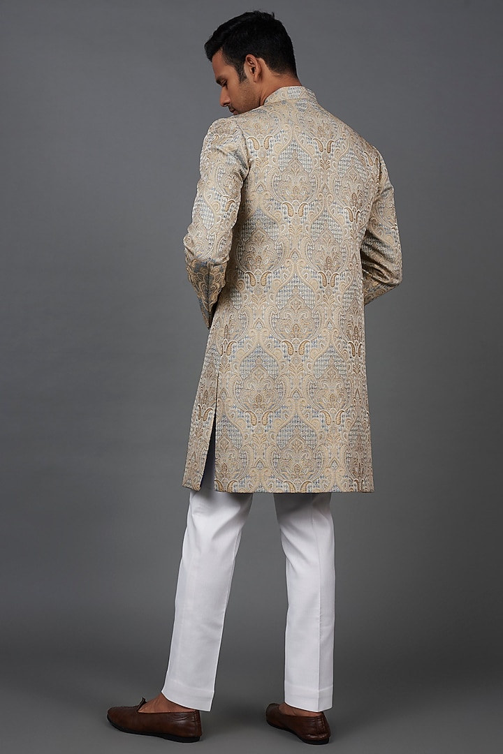 Beige Jacquard Indo-Western Sherwani Set by Prima Czar at Pernia's Pop Up Shop