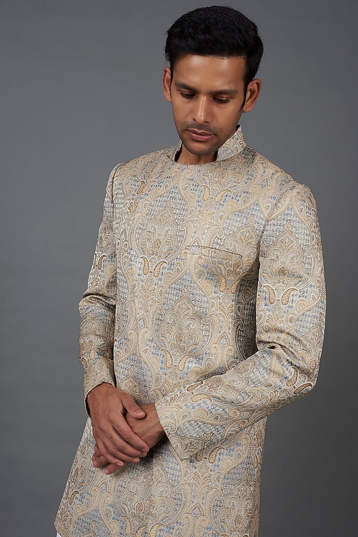 Beige Jacquard Indo-Western Sherwani Set by Prima Czar at Pernia's Pop Up Shop