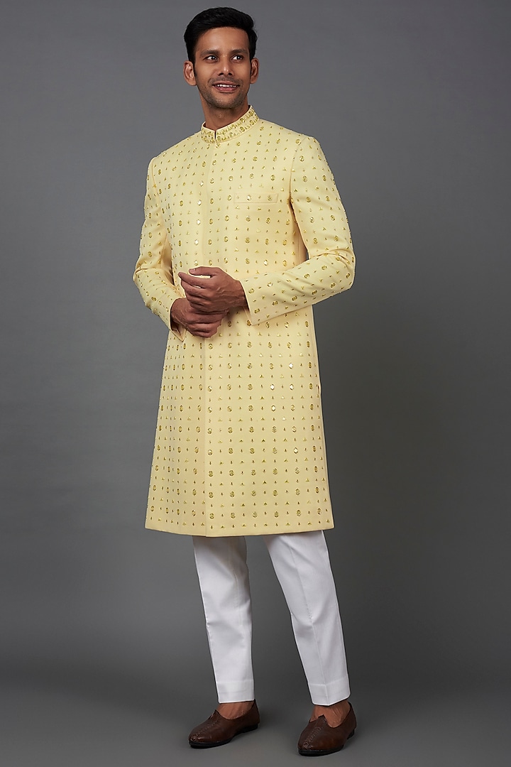 Yellow Jacquard Hand Embroidered Sherwani Set by Prima Czar
