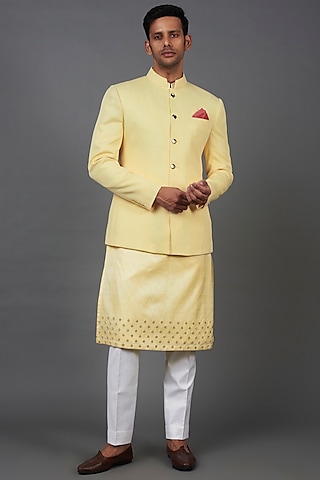 Pastel Yellow Twill Bandhgala Set by Prima Czar