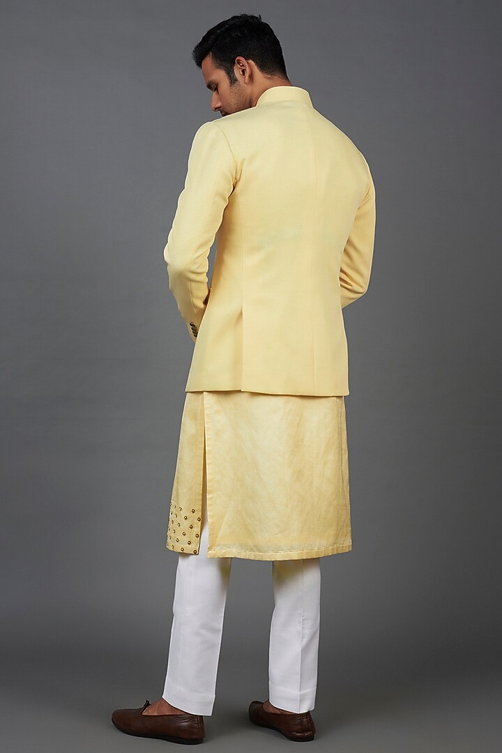 Pastel Yellow Twill Wedding Bandhgala Set by Prima Czar at Pernia's Pop Up Shop