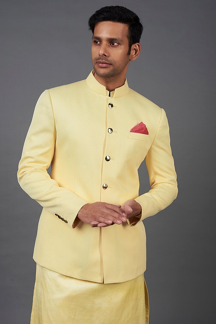 Pastel Yellow Twill Wedding Bandhgala Set by Prima Czar at Pernia's Pop Up Shop