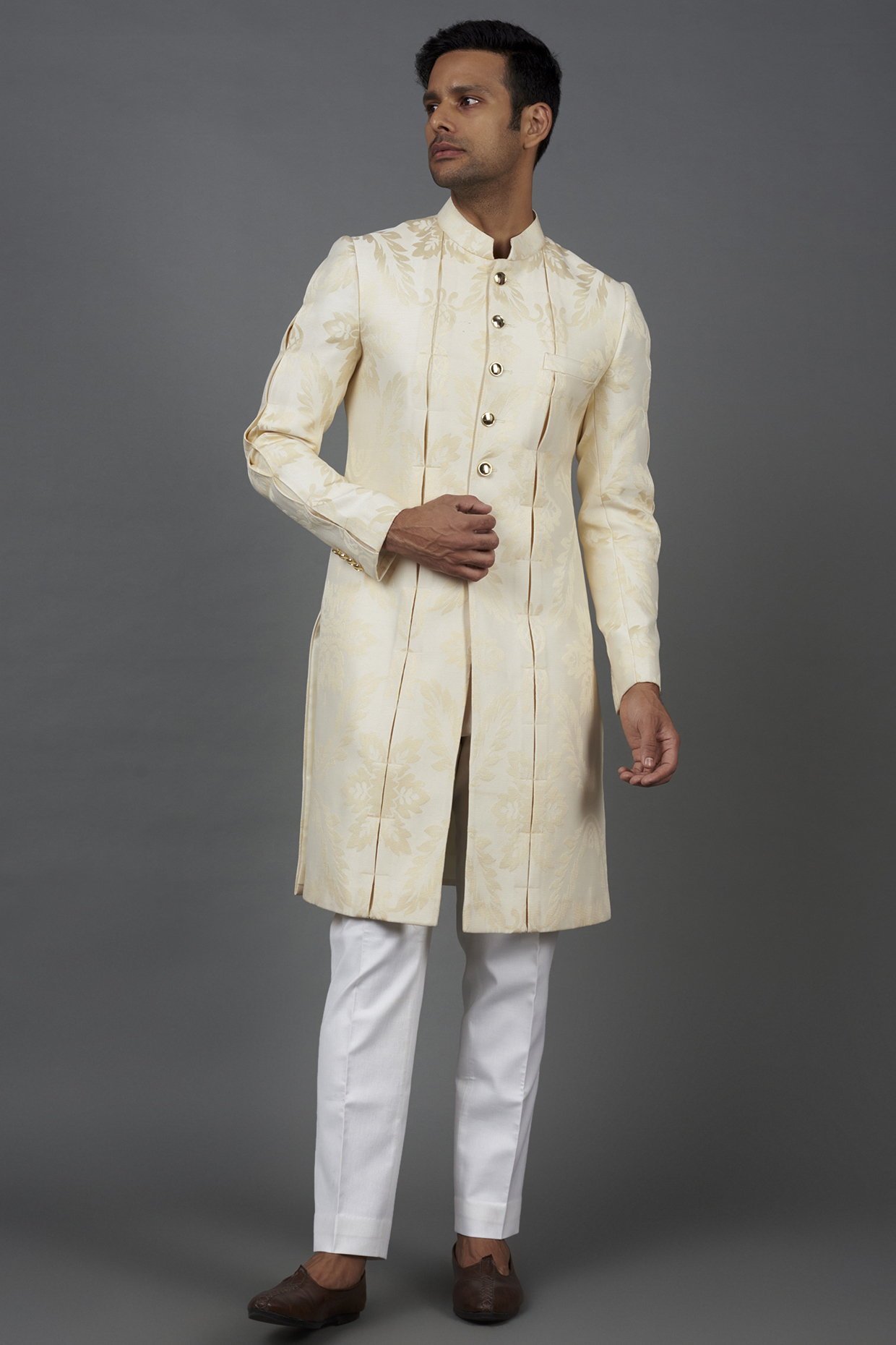 Beige Twill Pleated Sherwani Set by Prima Czar