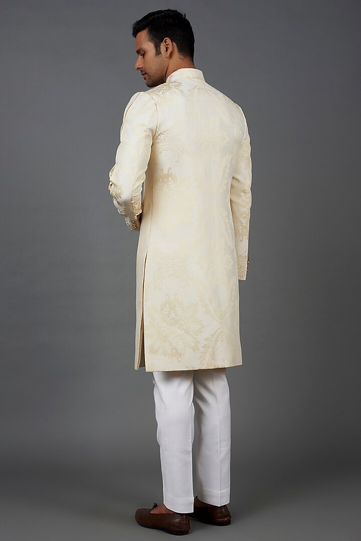Beige Twill Pleated Wedding Sherwani Set by Prima Czar at Pernia's Pop Up Shop