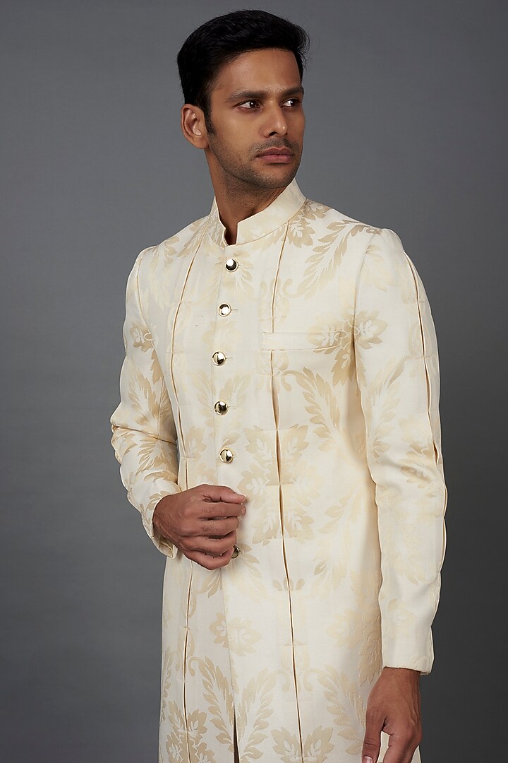 Beige Twill Pleated Wedding Sherwani Set by Prima Czar at Pernia's Pop Up Shop