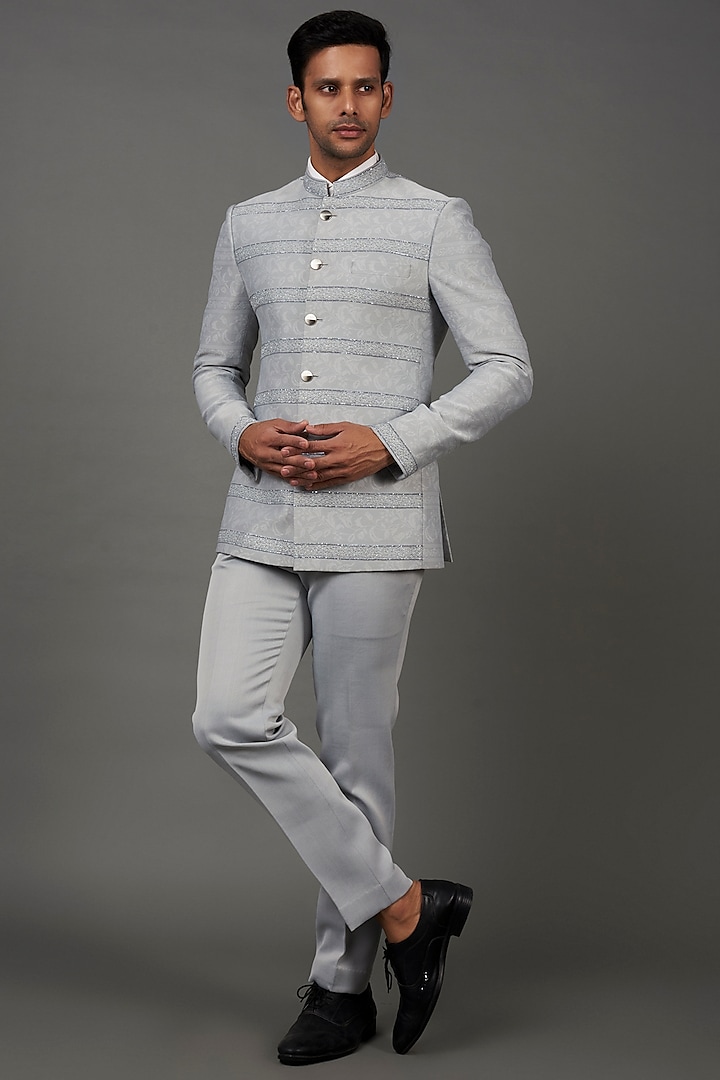 Grey Jacquard Embroidered Bandhgala Set by Prima Czar