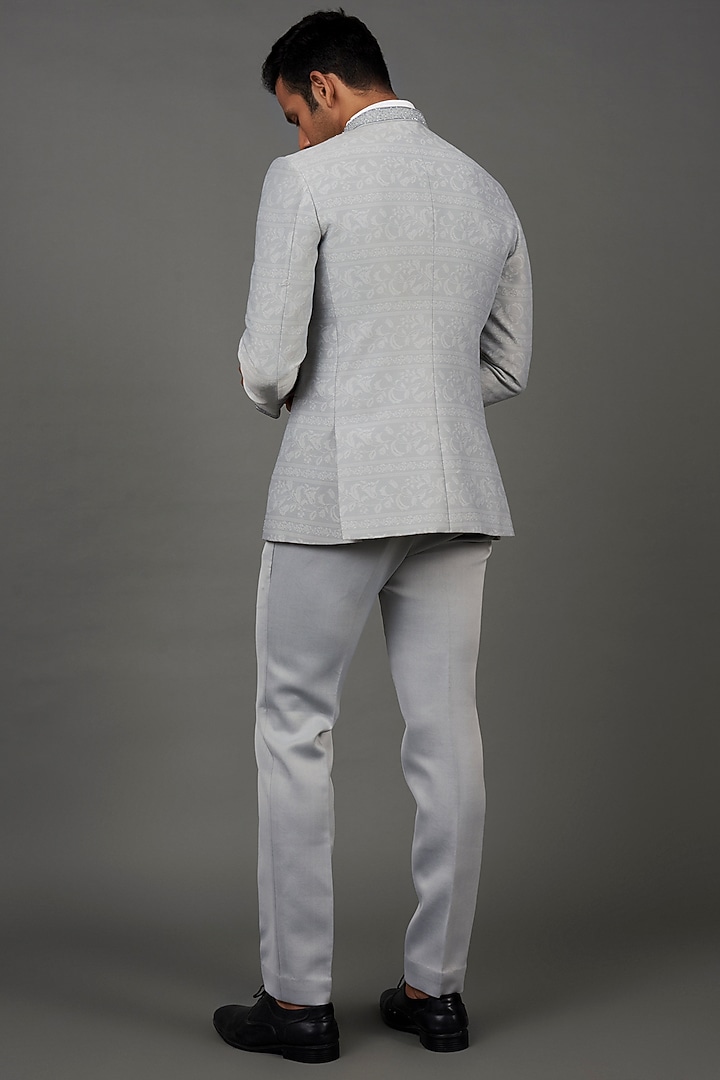 Grey Jacquard Embroidered Wedding Bandhgala Set by Prima Czar at Pernia's Pop Up Shop