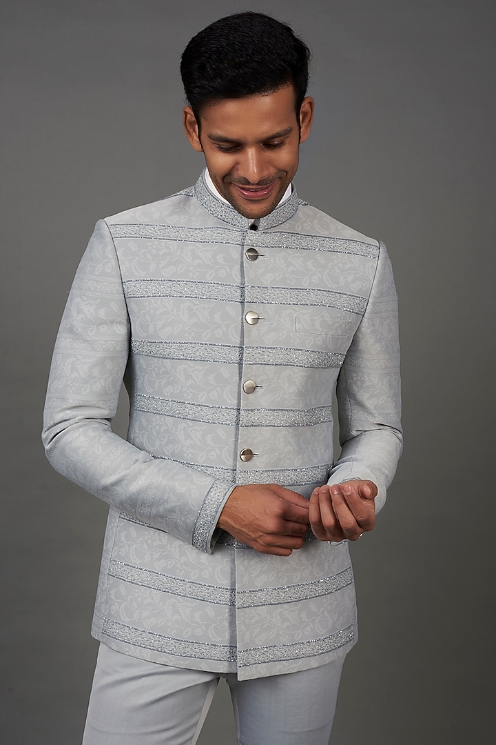 Grey Jacquard Embroidered Wedding Bandhgala Set by Prima Czar at Pernia's Pop Up Shop