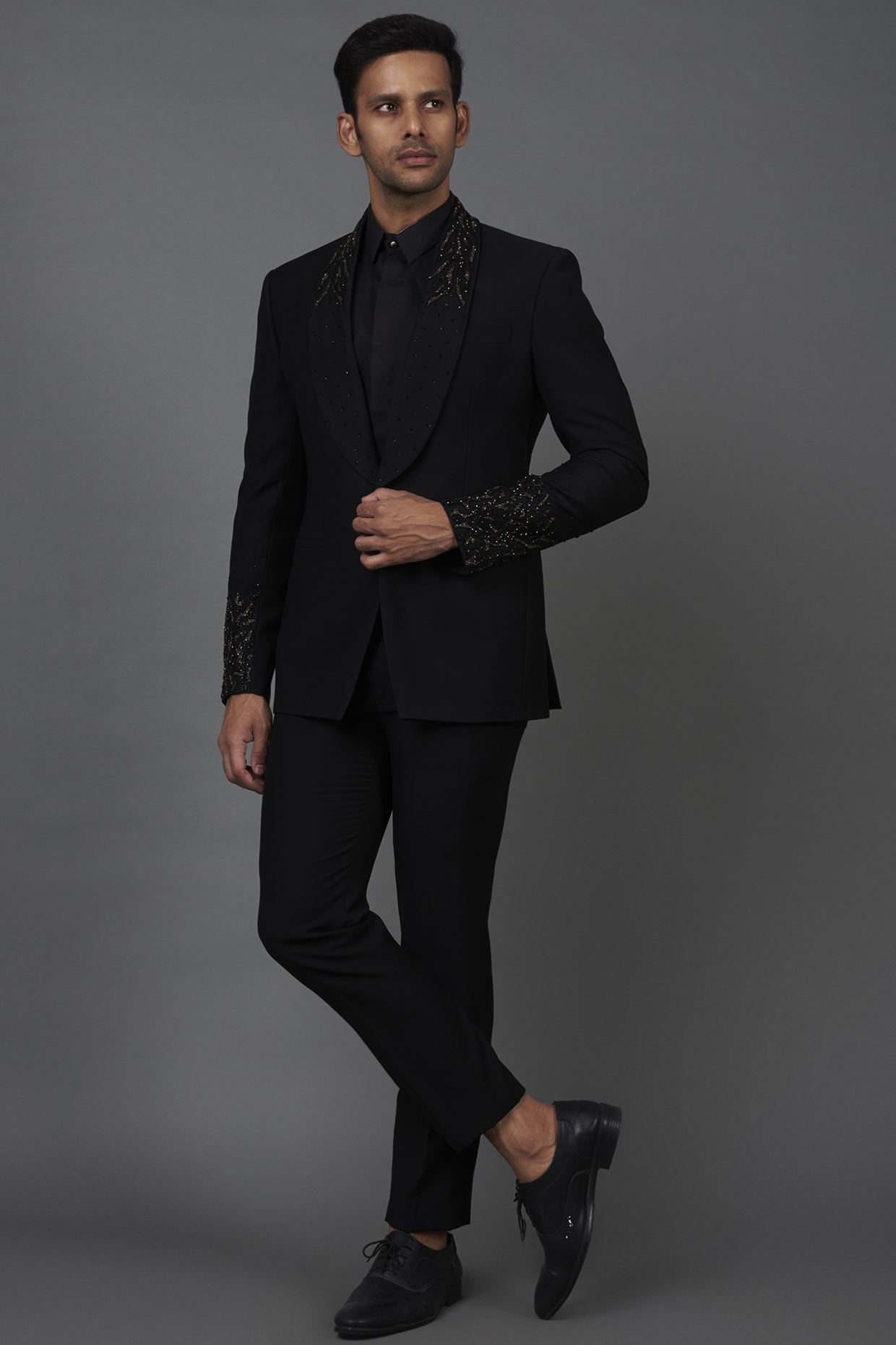 Black Woolen Embroidered Tuxedo Set by Prima Czar