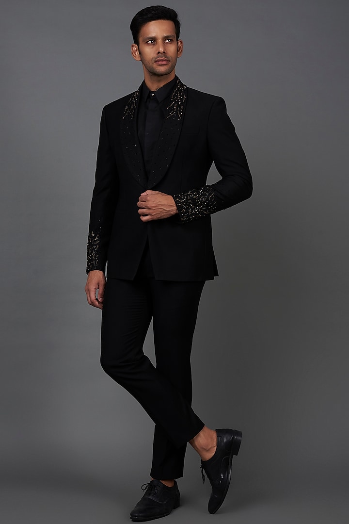 Black Woolen Embroidered Tuxedo Set by Prima Czar