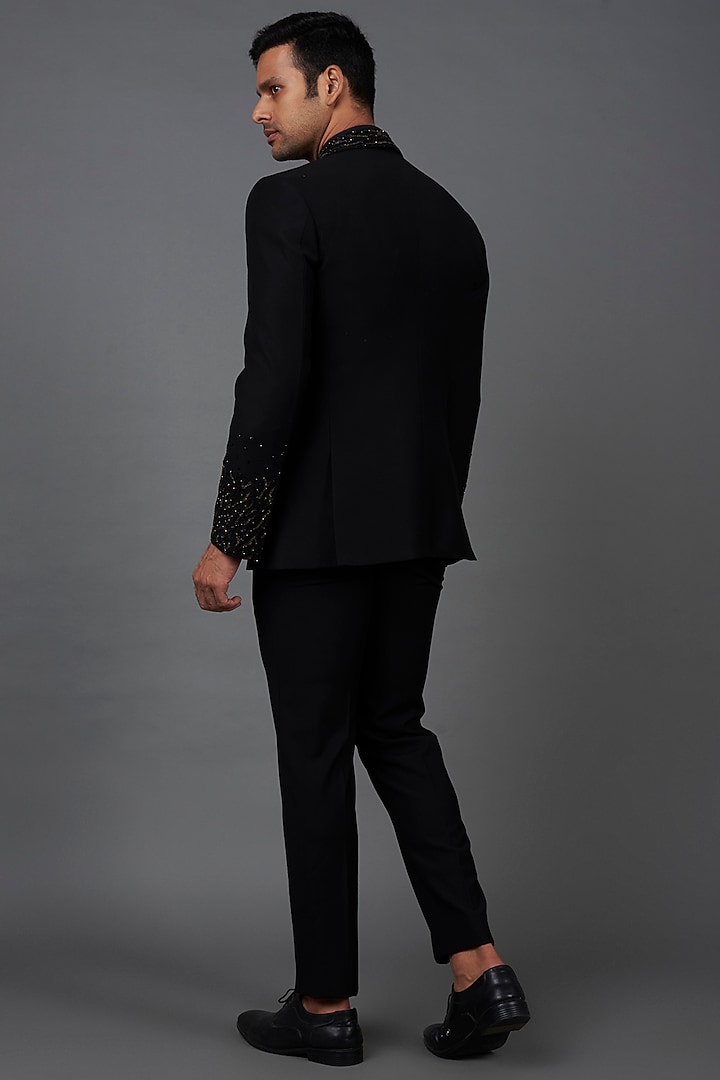 Black Woolen Embroidered Tuxedo Set by Prima Czar at Pernia's Pop Up Shop