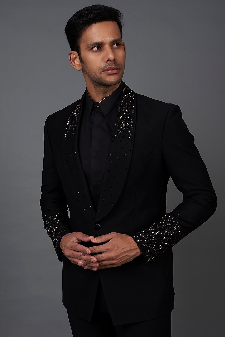 Black Woolen Embroidered Tuxedo Set by Prima Czar at Pernia's Pop Up Shop