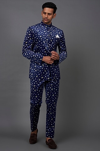 Blue Velvet Printed Bandhgala Set by Prima Czar