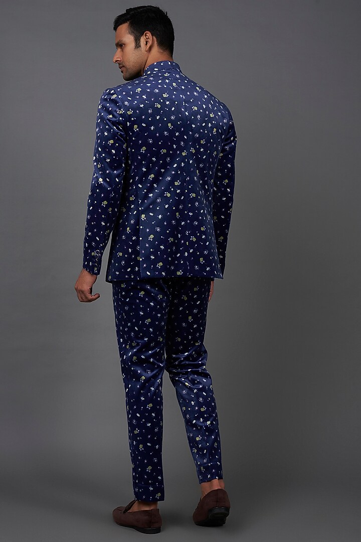 Blue Velvet Printed Wedding Bandhgala Set by Prima Czar at Pernia's Pop Up Shop