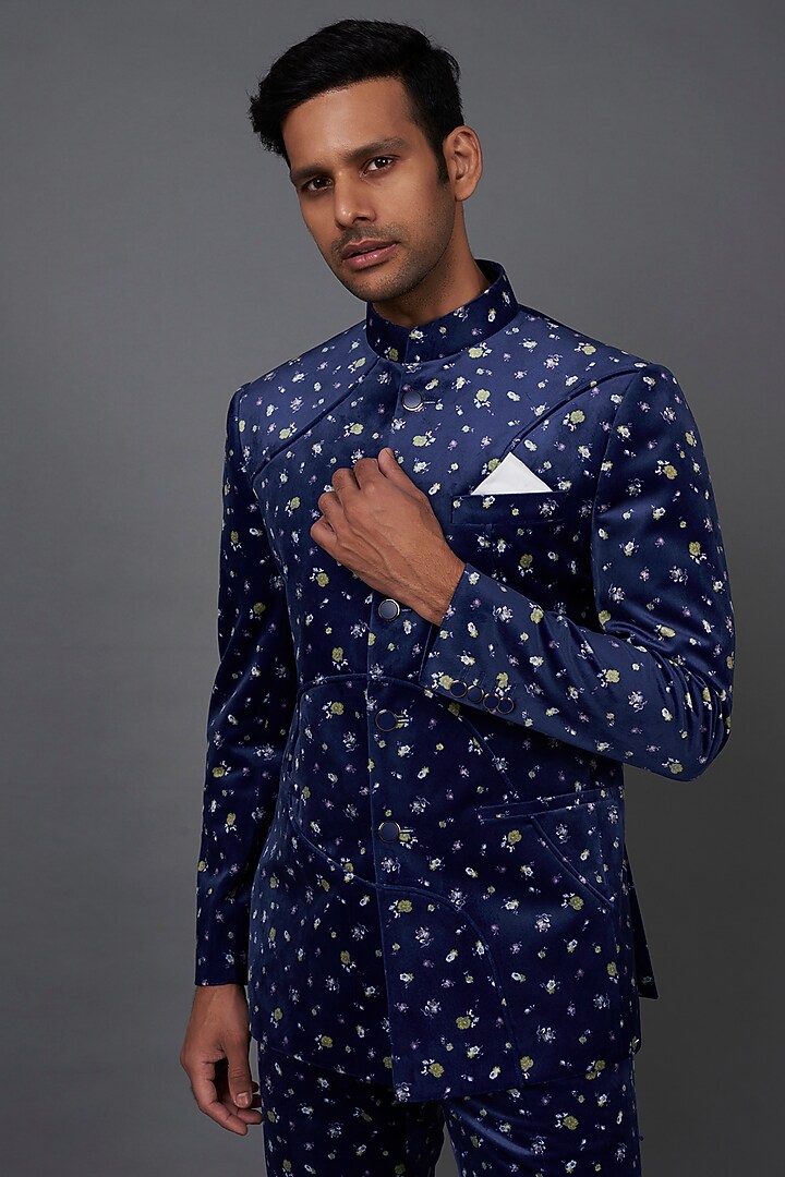 Blue Velvet Printed Wedding Bandhgala Set by Prima Czar at Pernia's Pop Up Shop