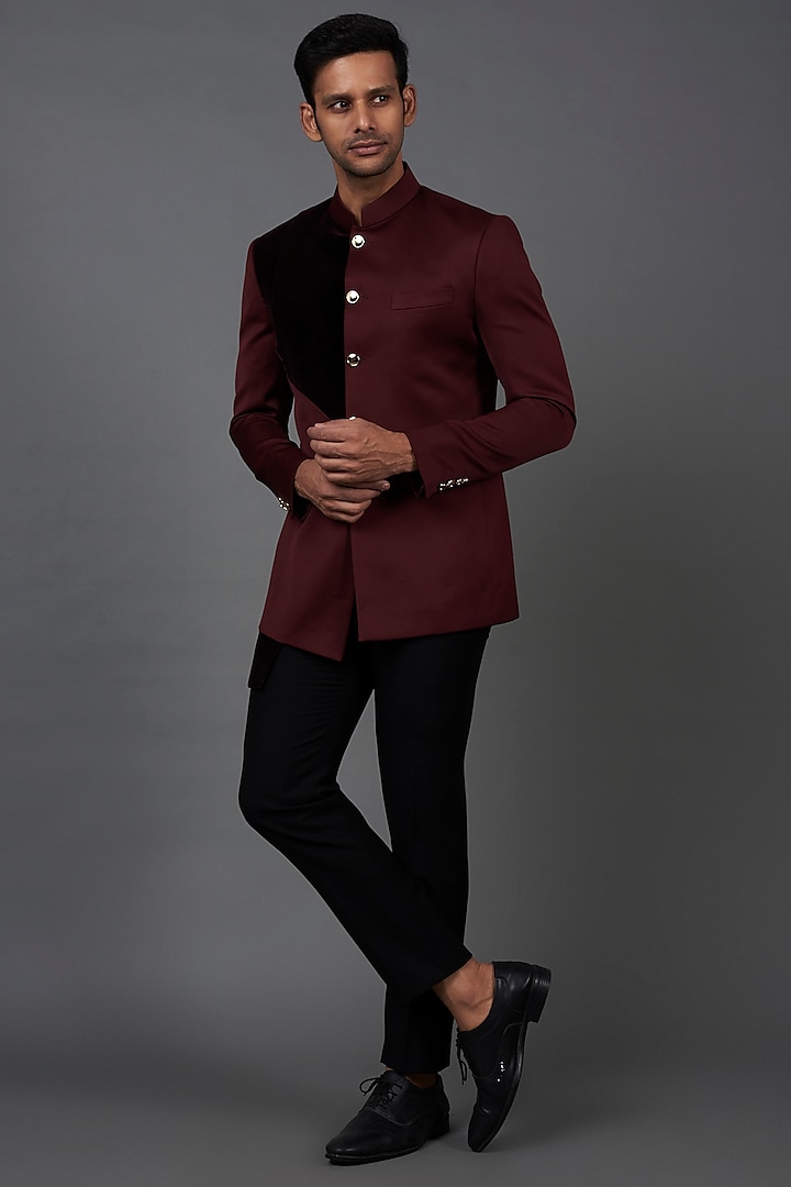 Maroon Velvet & Satin Bandhgala Jacket by Prima Czar
