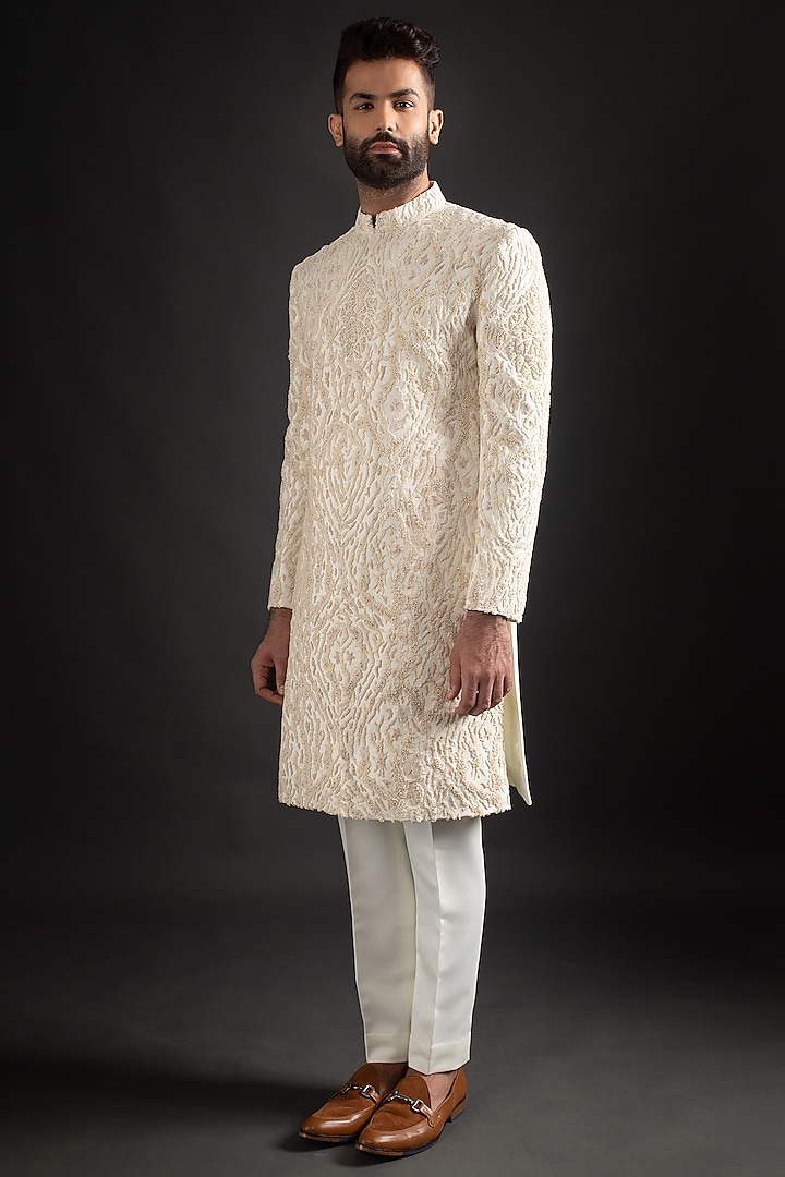 Off-White Embroidered Sherwani Set by Prima Czar