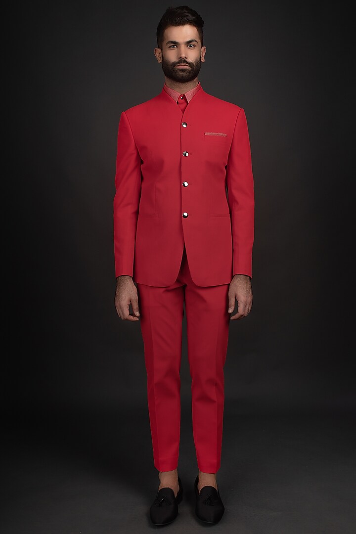 Red Jacquard Bandhgala Jacket Set by Prima Czar