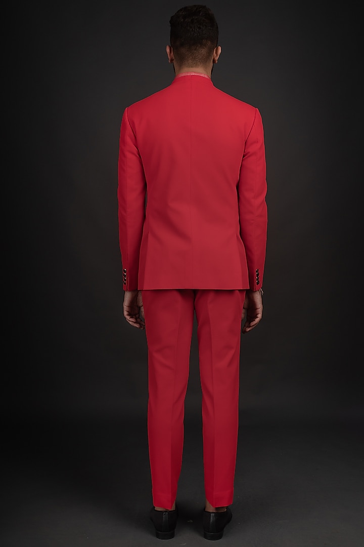 Red Jacquard Wedding Bandhgala Jacket Set by Prima Czar at Pernia's Pop Up Shop