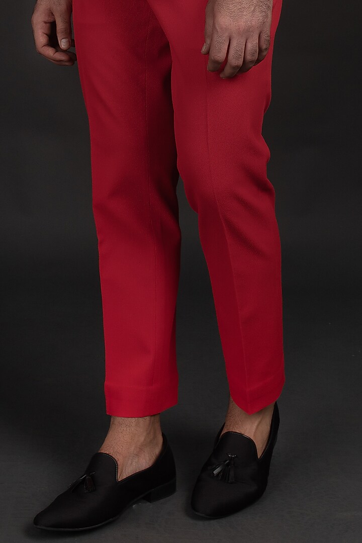 Red Jacquard Wedding Bandhgala Jacket Set by Prima Czar at Pernia's Pop Up Shop